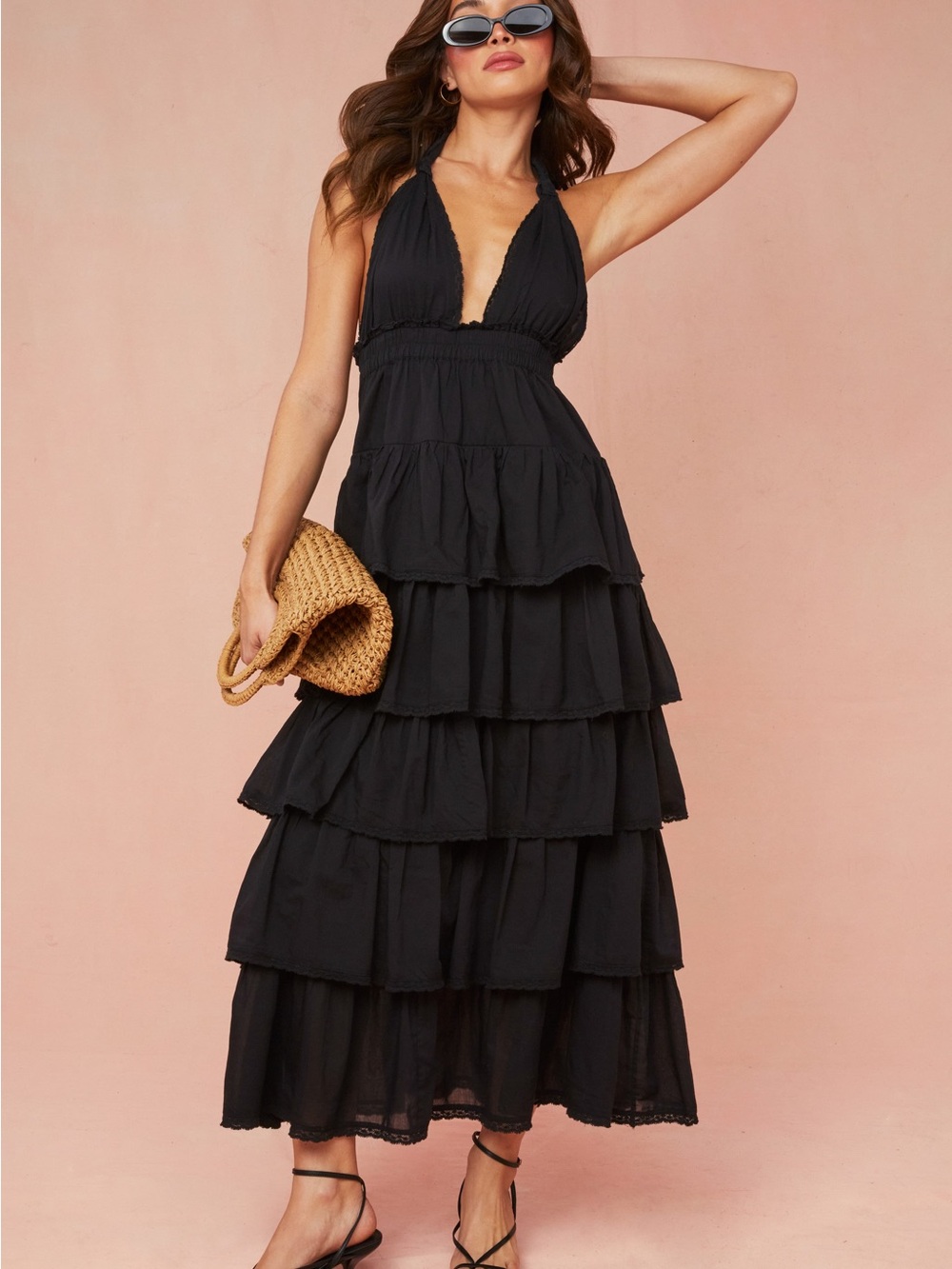 LoveShackFancy Black Tiered Halter Maxi Dress